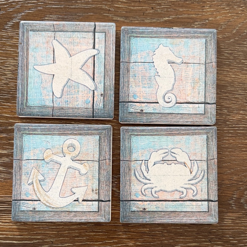 Coastal  Ceramic/ Cork Coasters Set of Four Starfish. Seahorse,Anchor, Crab